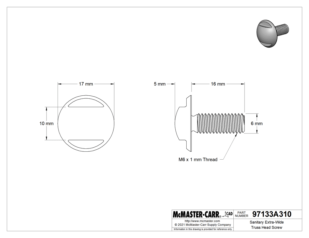 Technical Drawing of Sanitary Extra-Wide Truss Head Screw, M6 x 1.00 mm Thread Size, 16 mm Long.